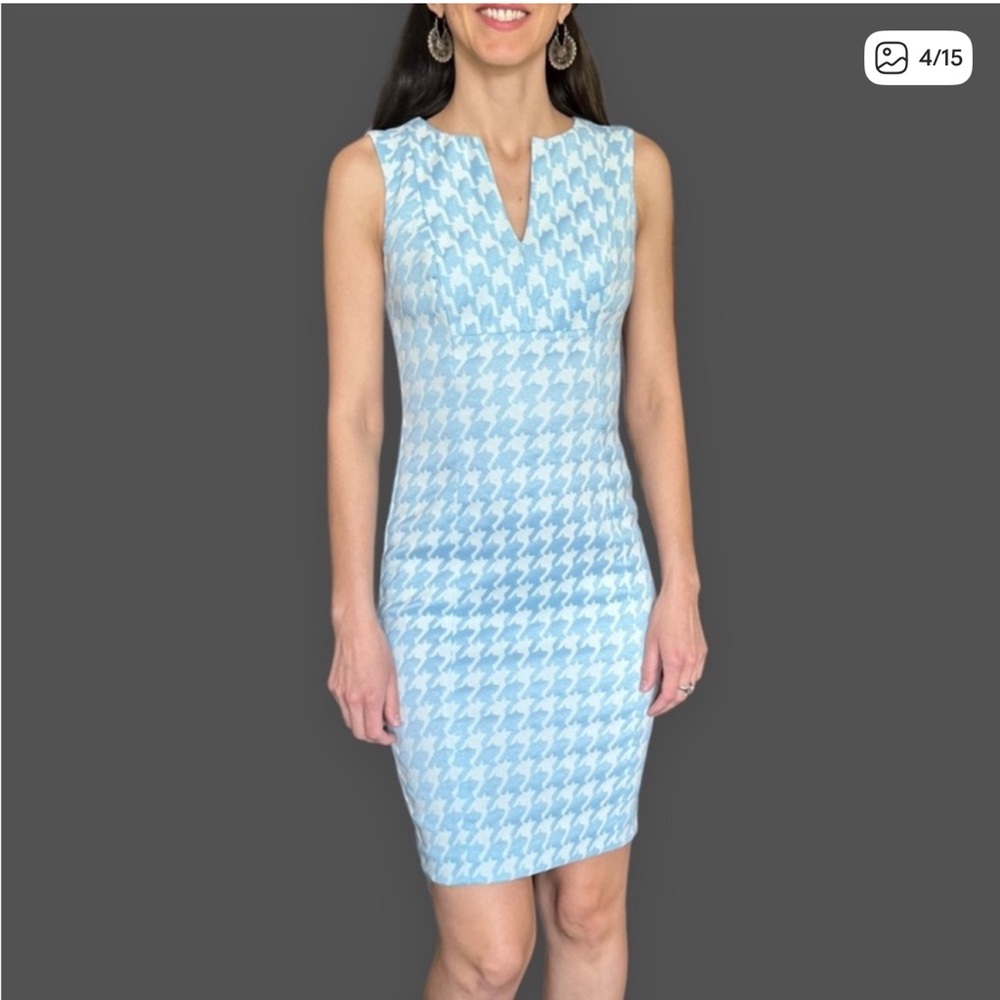 Calvin Klein Marlowe Sleeveless Houndstooth Sheath Dress – Size 4, Blue & White